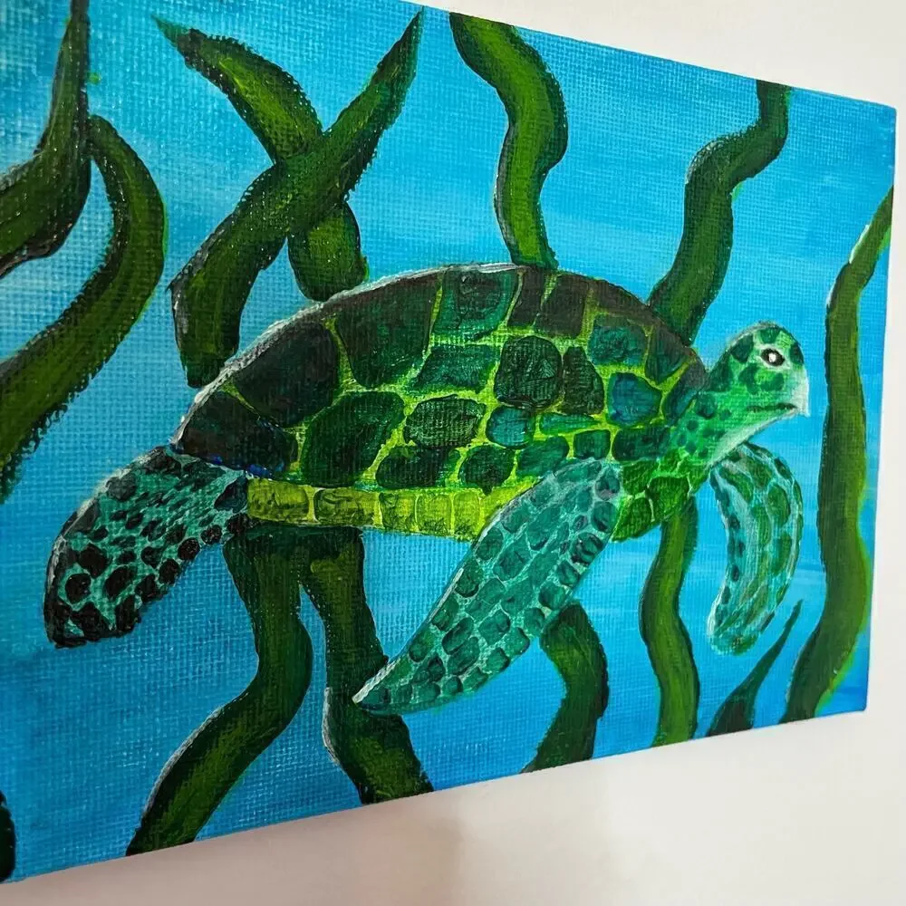 Handmade acrylic painting sea turtle seaweed 5X7 blue green